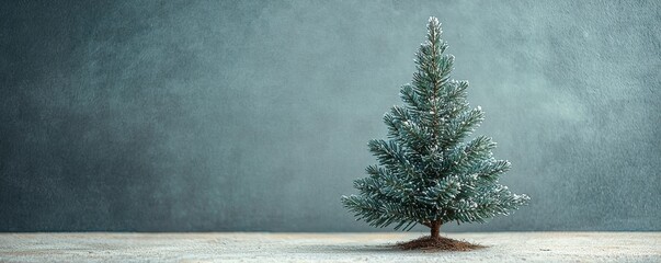 A snowy Christmas tree stands alone against a textured blue background, evoking a serene winter atmosphere.