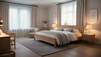 Obraz premium Minimalist Bedroom with White Linens and Soft Grey Rug