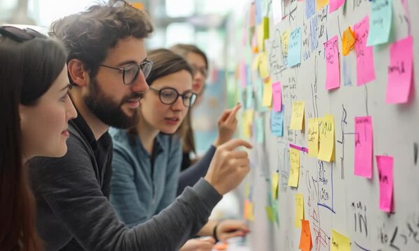 Group of young entrepreneurs collaborating and strategizing their startup initiative using sticky notes on a whiteboard. Ideas flow as they brainstorm and outline their project