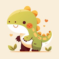 Obraz premium Adorable Cartoon Dinosaur with Heart Accents and Leaves