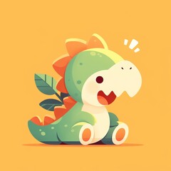 Obraz premium Cute Cartoon Dinosaur with Leafy Back on Yellow Background