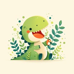 Obraz premium Playful Dinosaur Amidst Lush Greenery in Whimsical Cartoon Style