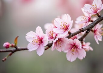 Fototapeta premium Close-up of blooming cherry blossom flowers on branch with soft pink petals against blurred background