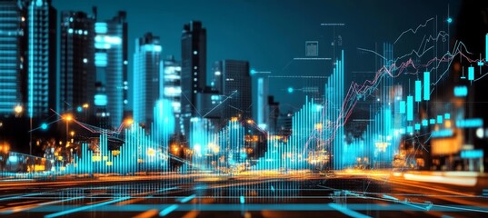 Obraz premium City Skyline at Night with Digital Charts and Graphs Representing Finance and Economic Growth