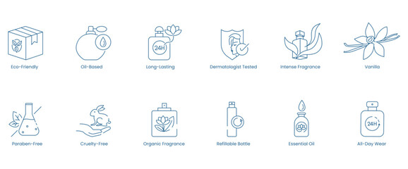 Vector Icons for Eco-Friendly, Oil-Based, Long-Lasting, Dermatologist-Tested, Intense Fragrance, Vanilla, Paraben-Free, Cruelty-Free, Organic Fragrance, Refillable Bottle, Essential Oil 