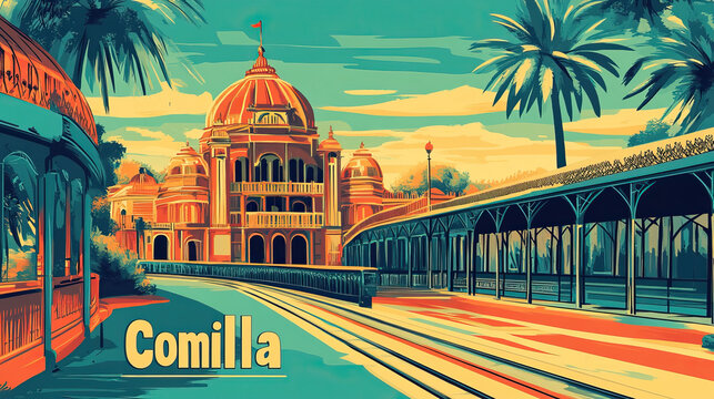Comilla, Bangladesh, modern french vintage art nouveau travel poster art. City name in text, bold art nouveau font. Background, banner, wallpaper