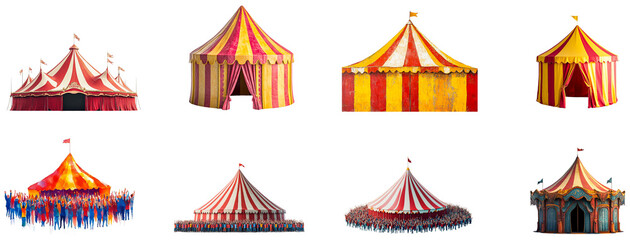 Fototapeta premium Colorful circus tents set up for an upcoming performance in town isolated on transparent background