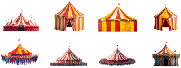 Colorful circus tents set up for an upcoming performance in town isolated on transparent background