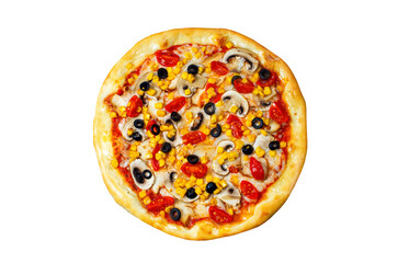 round ready pizza close-up, tomatoes, mushrooms, ham, olives, corn, on white background