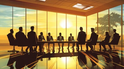 Silhouettes of Business People Meeting at Sunset