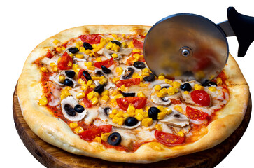 Cutting a ready pizza with a knife, on a white background