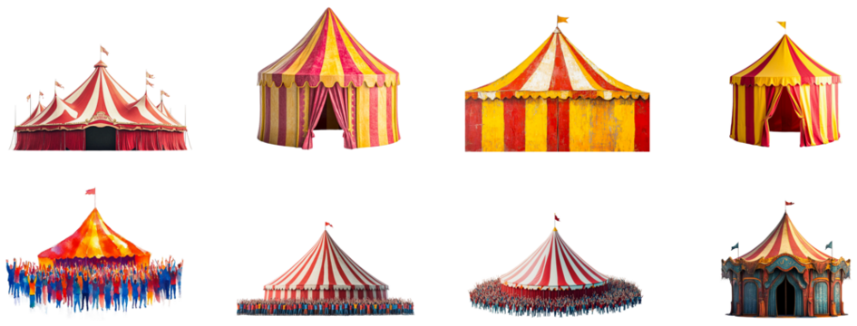 Colorful circus tents set up for an upcoming performance in town isolated on transparent background