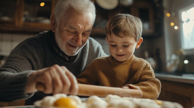 Joyful Grandfather and Young Boy Baking Together in Cozy Kitchen, Sharing Laughter and Memories with Rolling Pin and Dough on Table, Creating Delicious Treats