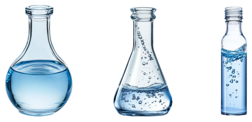 Chlorine set with various glass containers filled with blue water isolated on transparent background