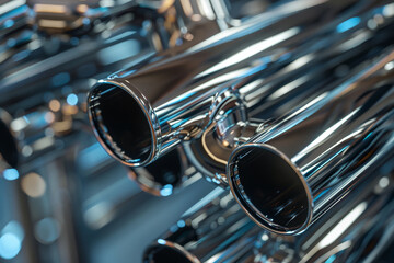 Fototapeta premium A close-up view displays shiny metal exhaust pipes, highlighting their polished surfaces and intricate connections in a bright workshop environment. The reflections create an appealing aesthetic