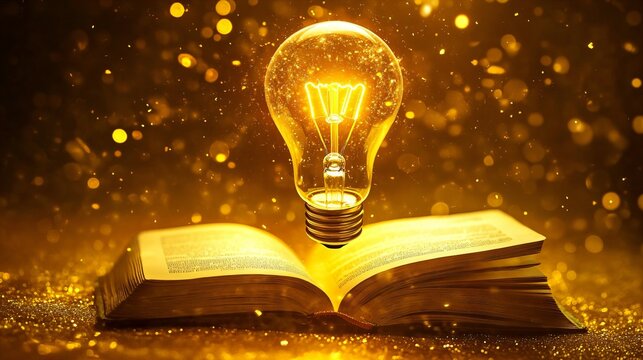 A floating light bulb above an open book against a vibrant yellow background