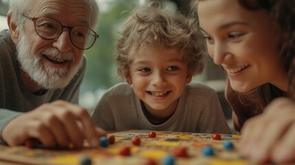 Joyful Family Time: Grandfather, Grandson, and Granddaughter Engaged in a Fun Board Game Session in a Cozy Indoor Environment During a Warm Afternoon