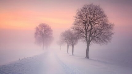 A calm winter morning with snow covering the trees and ground, casting a peaceful silence across the landscape