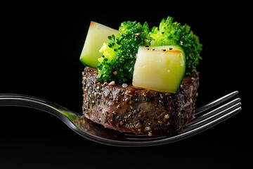 Food photography: a fork with a cut piece of beef and a small slice of green food on top, against a black background, 