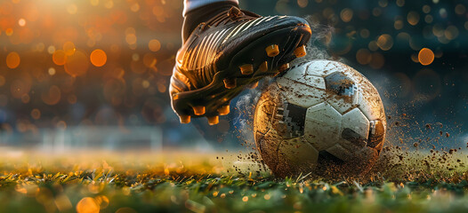 Soccer player kicking the ball with his foot, shoes closeup and action on the field football