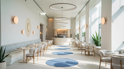 Minimalist Modern Café Interior with Natural Lighting and Circular Blue Rugs