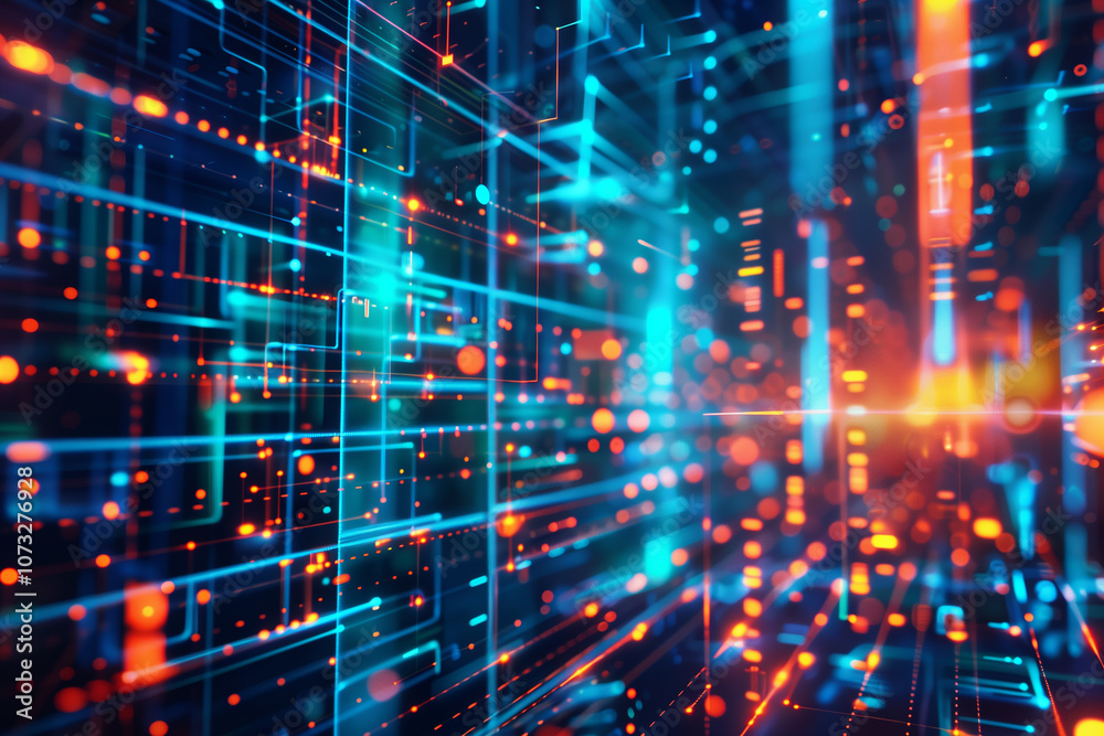 Poster circuit board-inspired background with dynamic neon lines and pulsating data points, creating a vibr