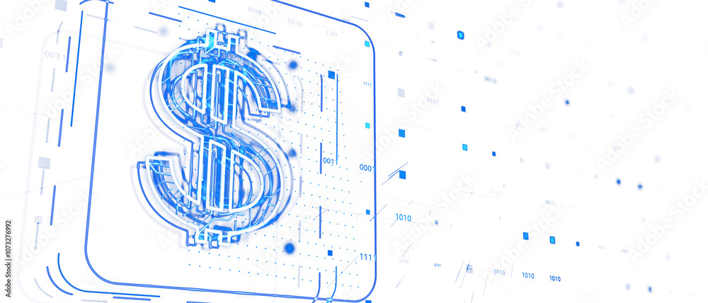 Poster digital dollar sign circuitry in blue on a white background, representing financial technology, elec