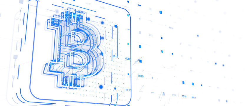 Blue outlined Bitcoin symbol over a white background with binary code and circuit-like patterns, representing cryptocurrency technology. 3D Rendering