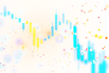 Colorful candlestick chart in blue and yellow tones on a soft abstract background. Blurred bokeh dots. Concept of stock market analysis. 3D Rendering.