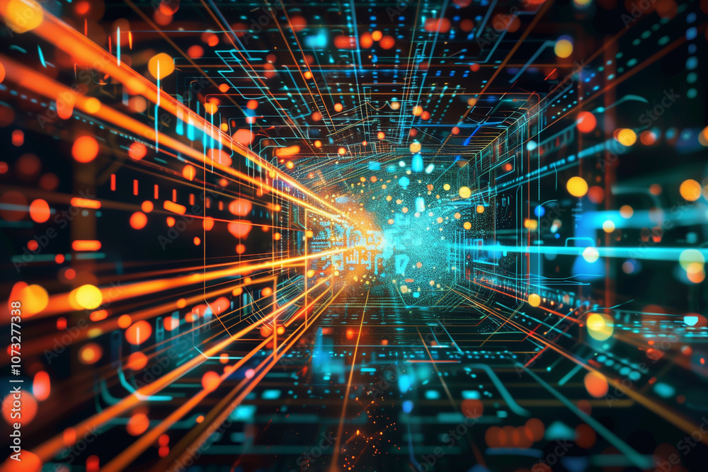 Poster circuit board-inspired background with dynamic neon lines and pulsating data points, creating a vibr