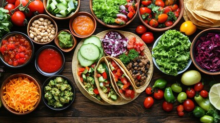 Fototapeta premium Colorful Arrangement of Fresh Mexican Tacos with Assorted Vegetables, Salsas, and Ingredients on Wooden Table for Culinary Inspiration and Healthy Eating