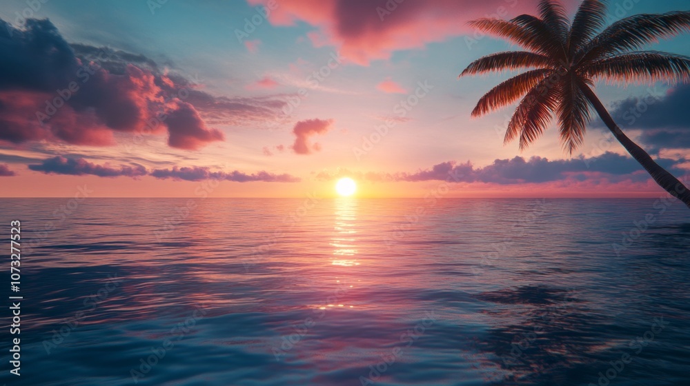 Poster a beautiful sunset over the ocean with a palm tree in the foreground