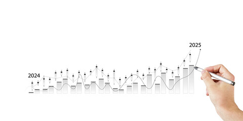 Human hand holding a pen drawing a rising candlestick financial chart on a clean white background, representing business growth concept. 3D Rendering.