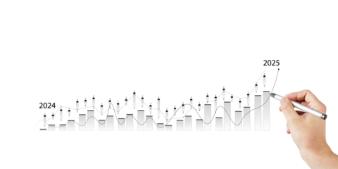 Human hand holding a pen drawing a rising candlestick financial chart on a clean white background, representing business growth concept. 3D Rendering.