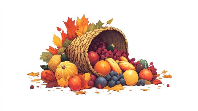 a 2D cartoon illustration of a Thanksgiving cornucopia filled with fruits and vegetables, abundant and warm, white background--ar 16:9