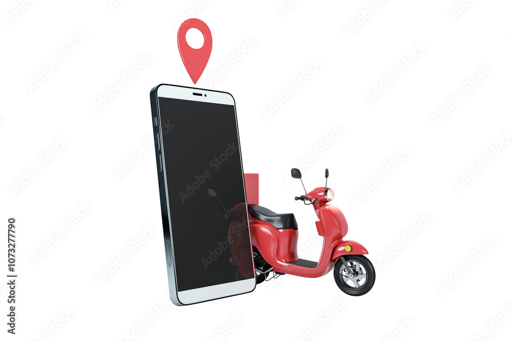 Aufkleber Red scooter parked next to a smartphone with a navigation pin above on a white background. Concept of delivery and mobile technology. 3D Rendering