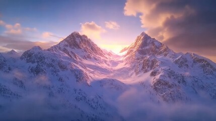 Obraz premium A snow-covered mountain range with the sun rising over the peaks, creating a peaceful glow over the landscape