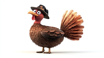 a 2D cartoon illustration of a Thanksgiving turkey with a pilgrim hat, funny and festive, white background--ar 16:9