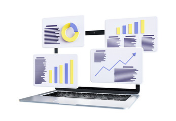 Open laptop with floating colorful charts and graphs. Minimalist 3D design on a clean white background. Concept of business analytics. 3D Rendering