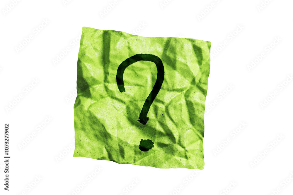 Aufkleber a crumpled green paper with a black question mark in the center, isolated on a white background, rep