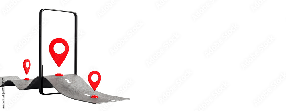 Aufkleber red location pins and a wavy road emerging from a smartphone screen on a white background. concept o