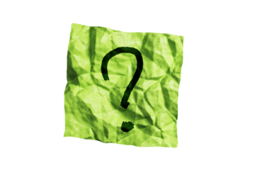 A crumpled green paper with a black question mark in the center, isolated on a white background, representing uncertainty or inquiry. 3D Rendering.