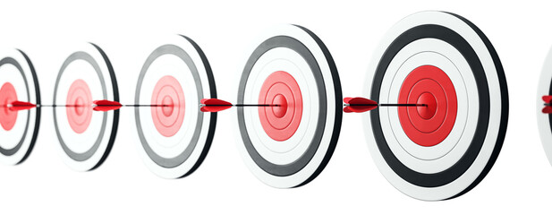 Several arrows hit the center of white and black targets in a row, displayed on a white background. Concept of accuracy and focus. 3D Rendering
