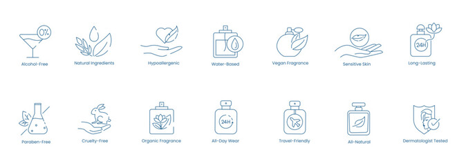 Vector Icons for Alcohol-Free, Natural Ingredients, Hypoallergenic, Water-Based, Vegan Fragrance, Sensitive Skin, Long-Lasting, Paraben-Free, Cruelty-Free, Organic Fragrance, All-Day Wear 