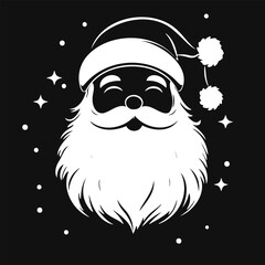 Black and white icon of smiling Santa Claus with a beard and hat, surrounded by stars and snowflakes