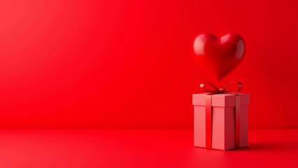 Obraz premium On a red background there is a red gift box next to red heart. space for text