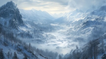 A wide-angle view of snow-covered valleys with a faint layer of fog rolling through the landscape