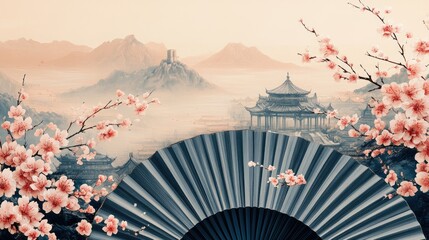 A traditional Japanese hand fan with a background of a beautiful misty mountain and cherry blossom scene.