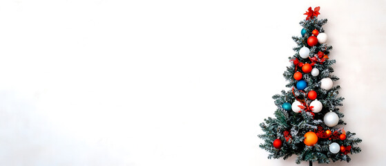 Obraz premium A beautifully decorated Christmas tree adorned with colorful ornaments and a festive vibe, set on a clean white background, perfect for holiday-themed projects.