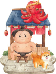 Hand-drawn Sumo man at takoyaki shop with shiba illustration